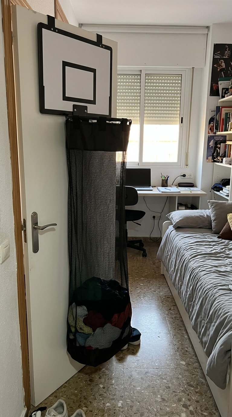 Encestando una sudadera en la canasta para la ropa sucia